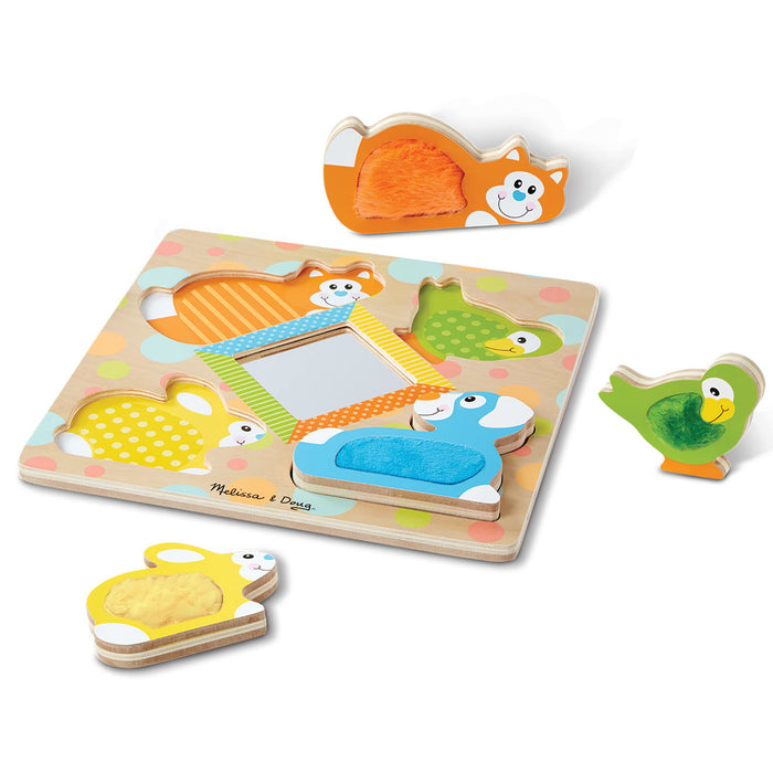 First Play Wooden Touch and Feel Puzzle Peek-a-Boo Pets With Mirror X2