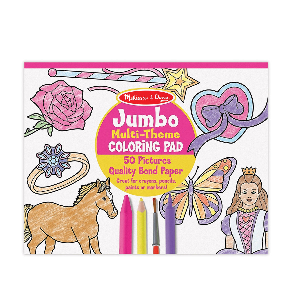 Jumbo 50-Page Kids' Coloring Pad - Horses, Hearts, Flowers, and More W9
