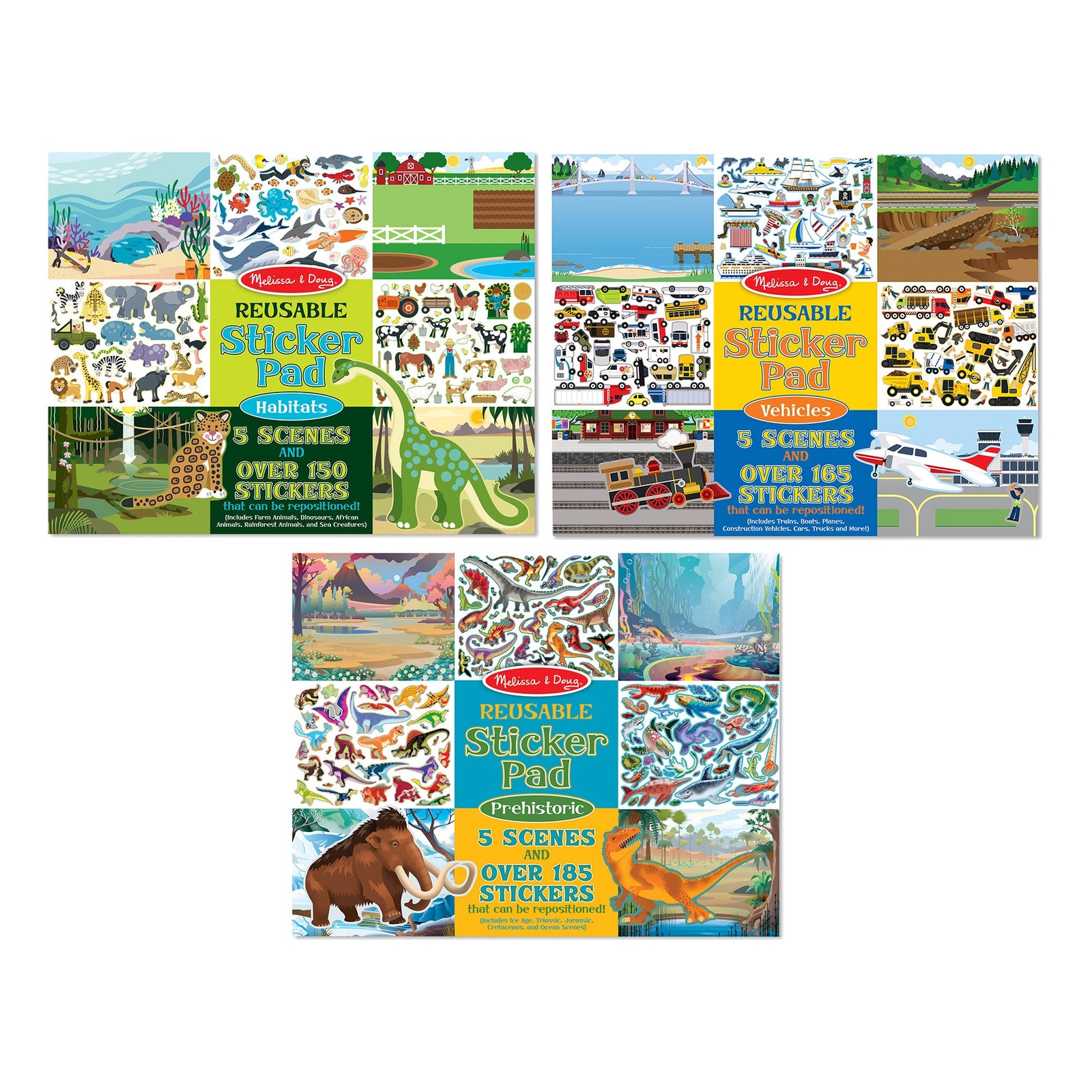 Reusable Sticker Pad 3-Pack: Vehicles, Habitats, Prehistoric D6