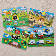 Wooden Peg Puzzle 4-Pack – Vehicles, Farm, Safari, Pets O8