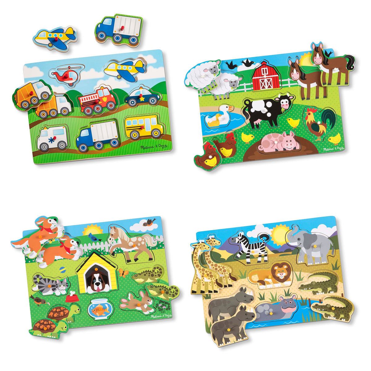 Wooden Peg Puzzle 4-Pack – Vehicles, Farm, Safari, Pets S9